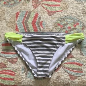 Hot Water Bikini Bottoms, Gray & White striped with Neon Yellow sides, Sz L